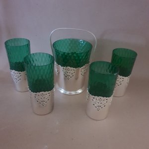 Balde de Gelo com 4 copos de cristal com suporte banhado a prata