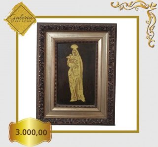 Gravura em latão, de Nossa Senhora dos Vaqueiros, medindo 47 z 37 cm e gravura 30 x 19 cm