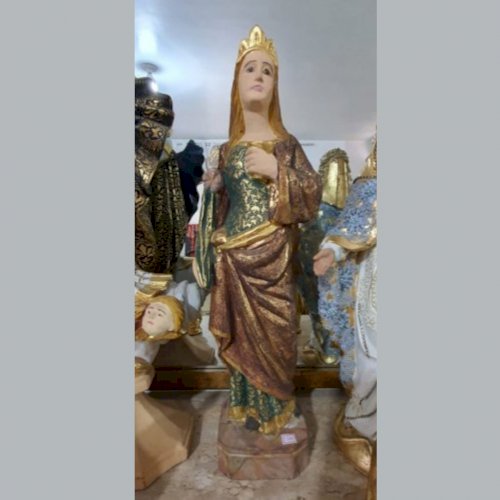 Santa Bárbara 55 cm em madeira esculpida a mão com ouro 23 k