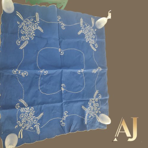 Conjunto de toalhas de linho azul com bordado branco:(5 peças)