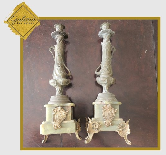 Par de Castiçal em estilo Art Nouveau em bronze e mármore