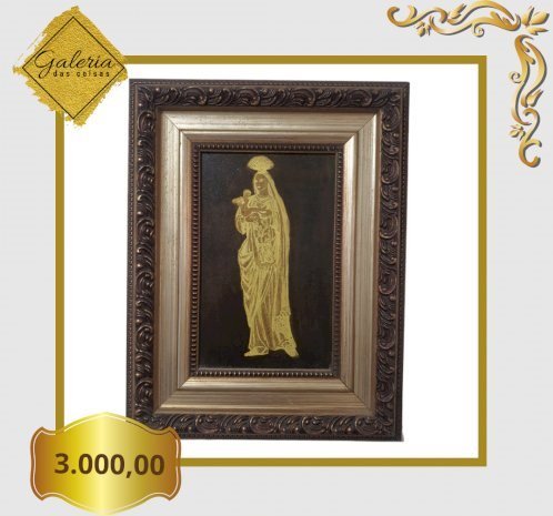 Gravura em latão, de Nossa Senhora dos Vaqueiros, medindo 47 z 37 cm e gravura 30 x 19 cm